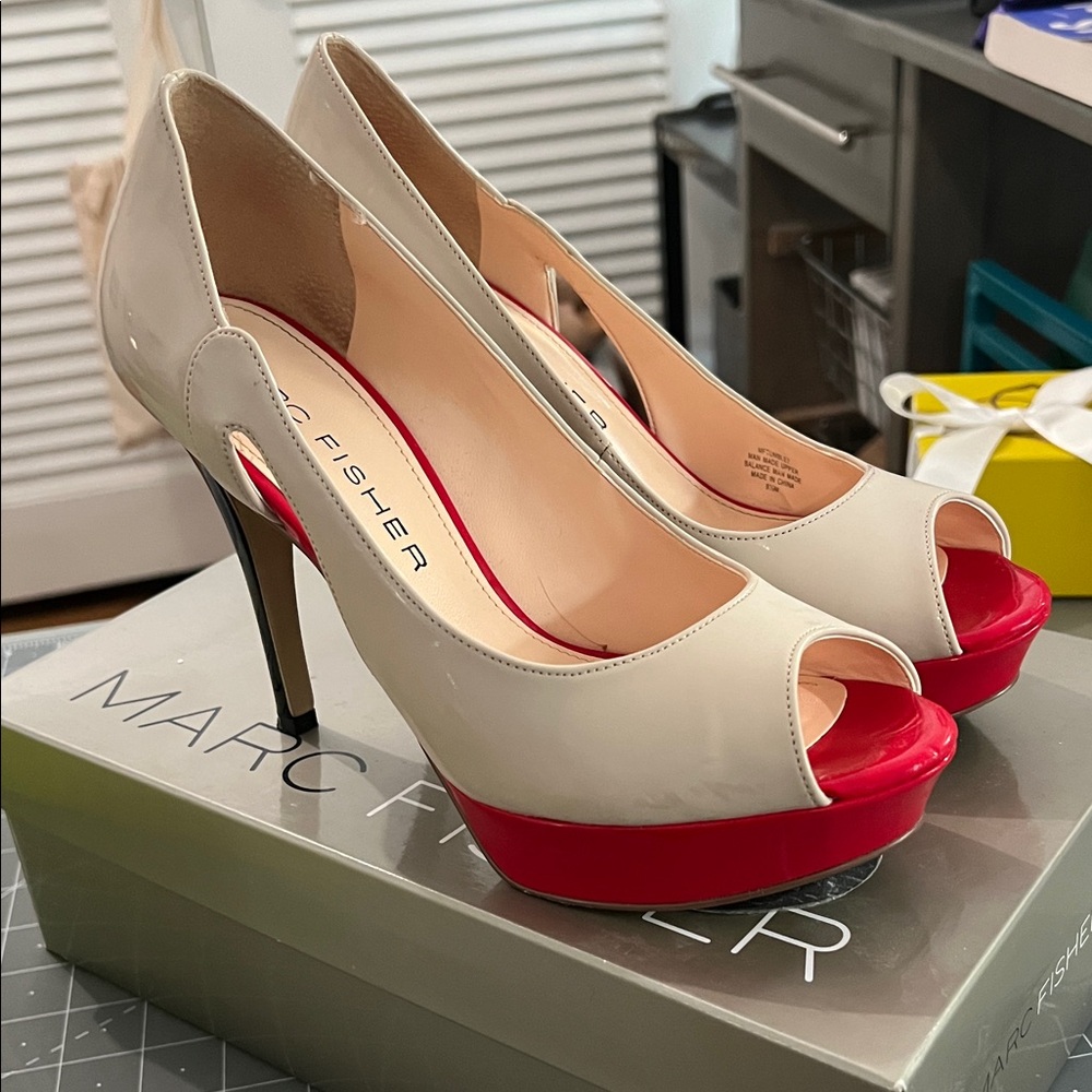 Marc Fisher Cream and Red Peep Toe Heels